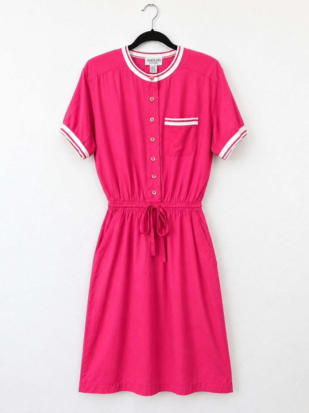 Vintage 80s Hot Pink Sporty Preppy Shirt Dress Pockets Drawstring Small